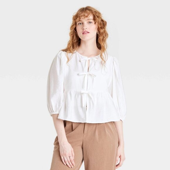 Medium - Womens Balloon 3/4 Sleeve Blouse - A New Day - White - Picture 6 of 7